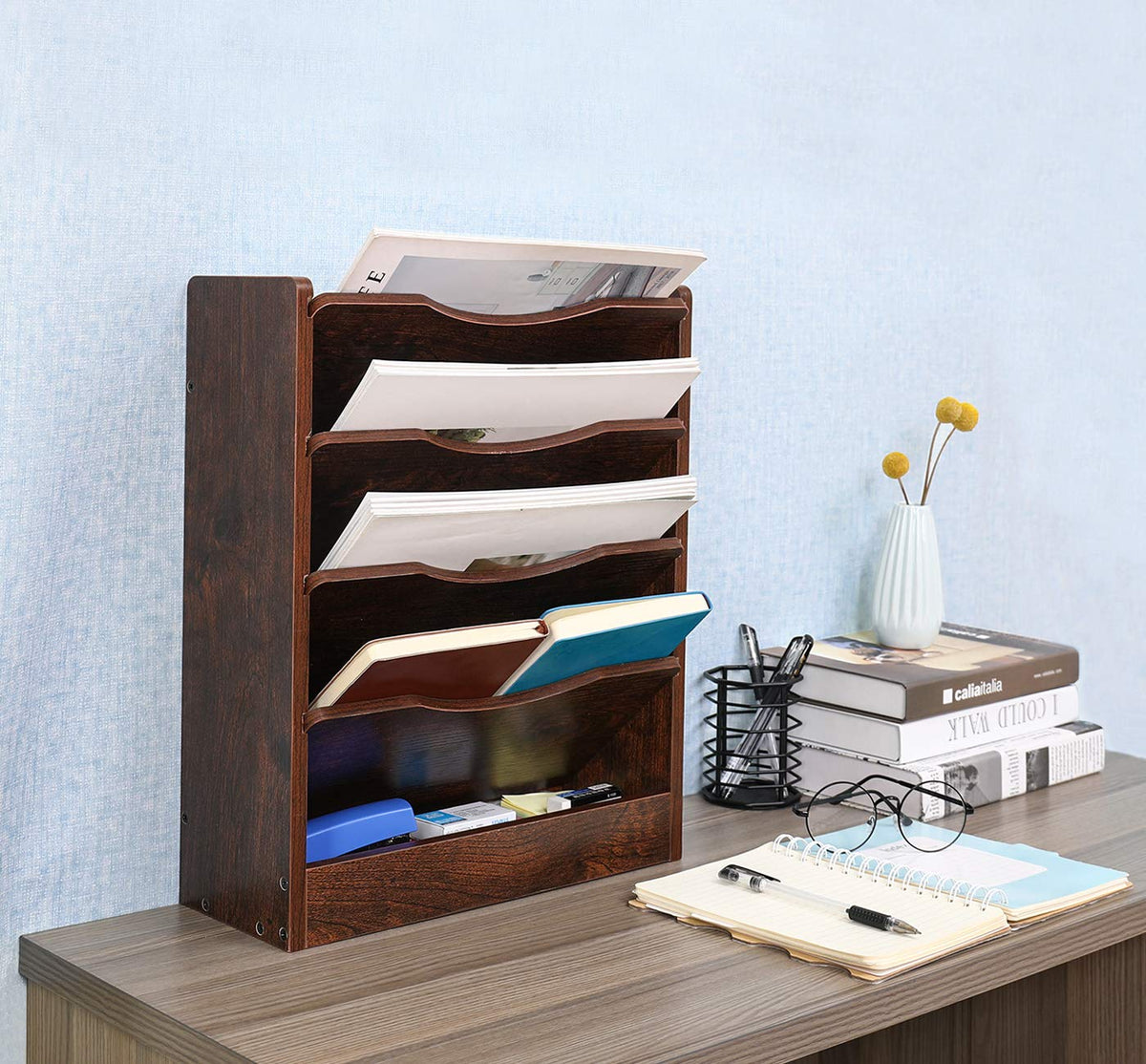 PAG-Mass 5-Tier Wall File Holder Hanging Mail Organizer Wood Magazine Literature Rack with 6 Hooks