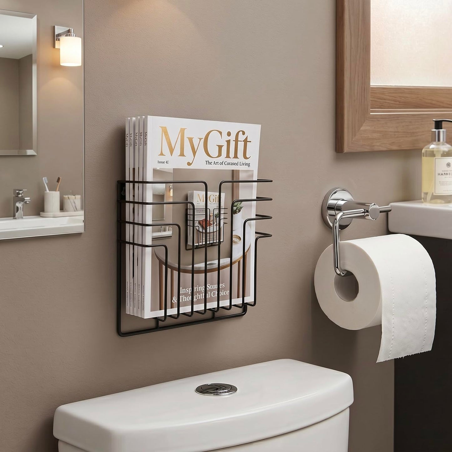 MyGift Black Metal Wire Wall Mounted Magazine File Holder Organizer Rack