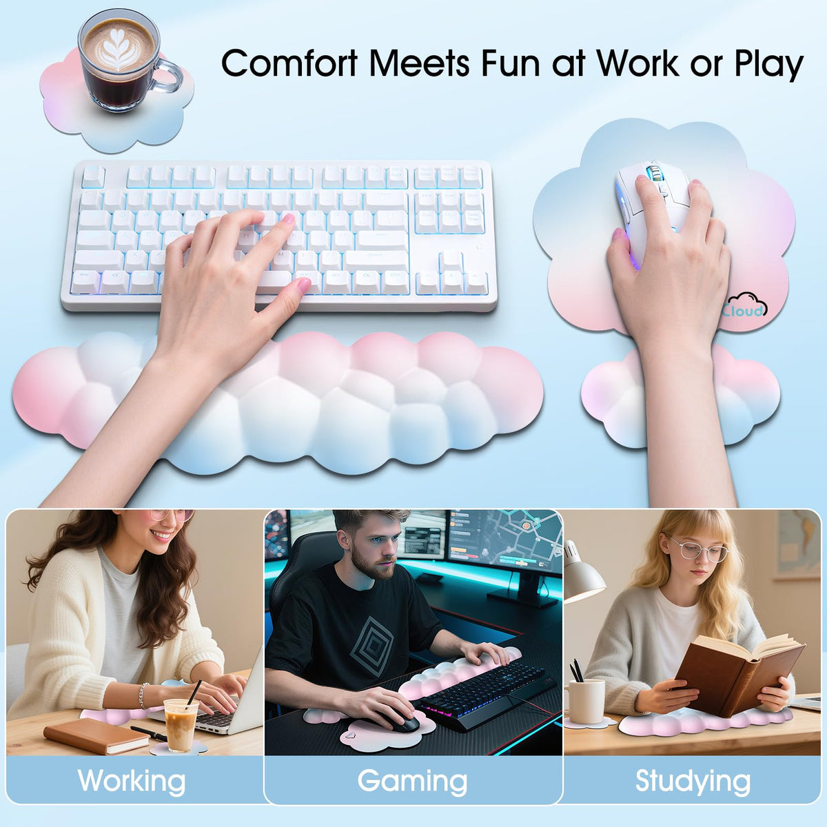 Retuhapy Cloud Wrist Rest Keyboard Cushion and Cloud Mouse Pad, Rainbow