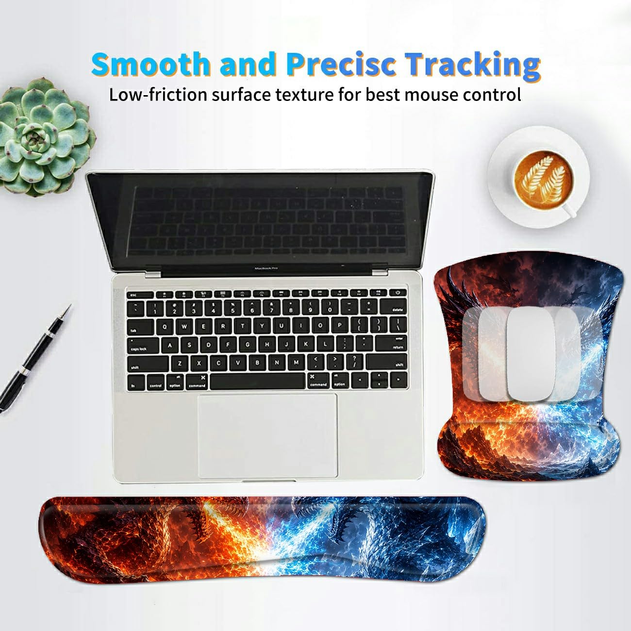 3-in-1 Ergonomic Memory Foam Keyboard Wrist Rest Pad Set, Fire Ice Dragon