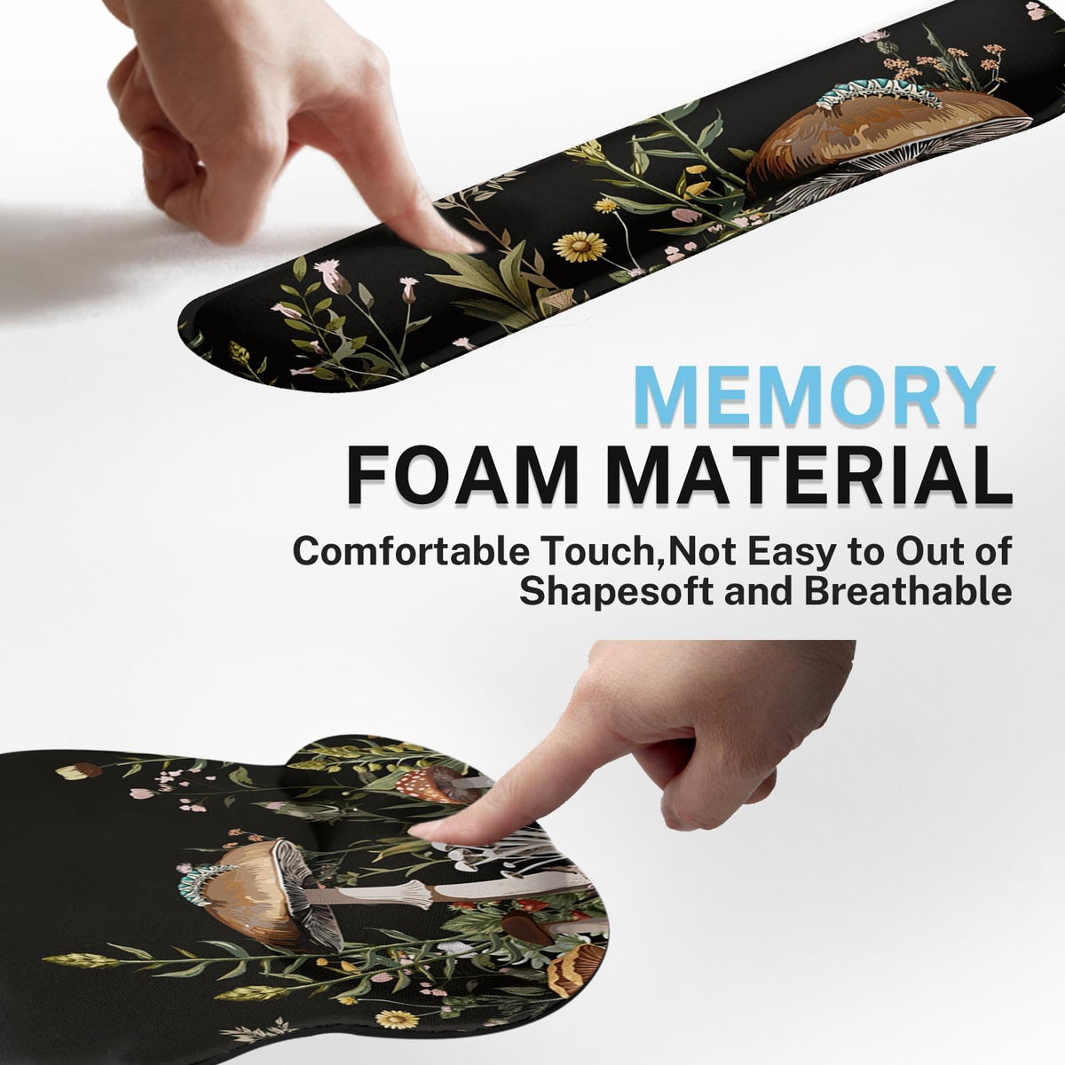 Britimes Keyboard Mouse Pad Set, 4 in 1 Desk Mat Set, Black Mushroom Flora