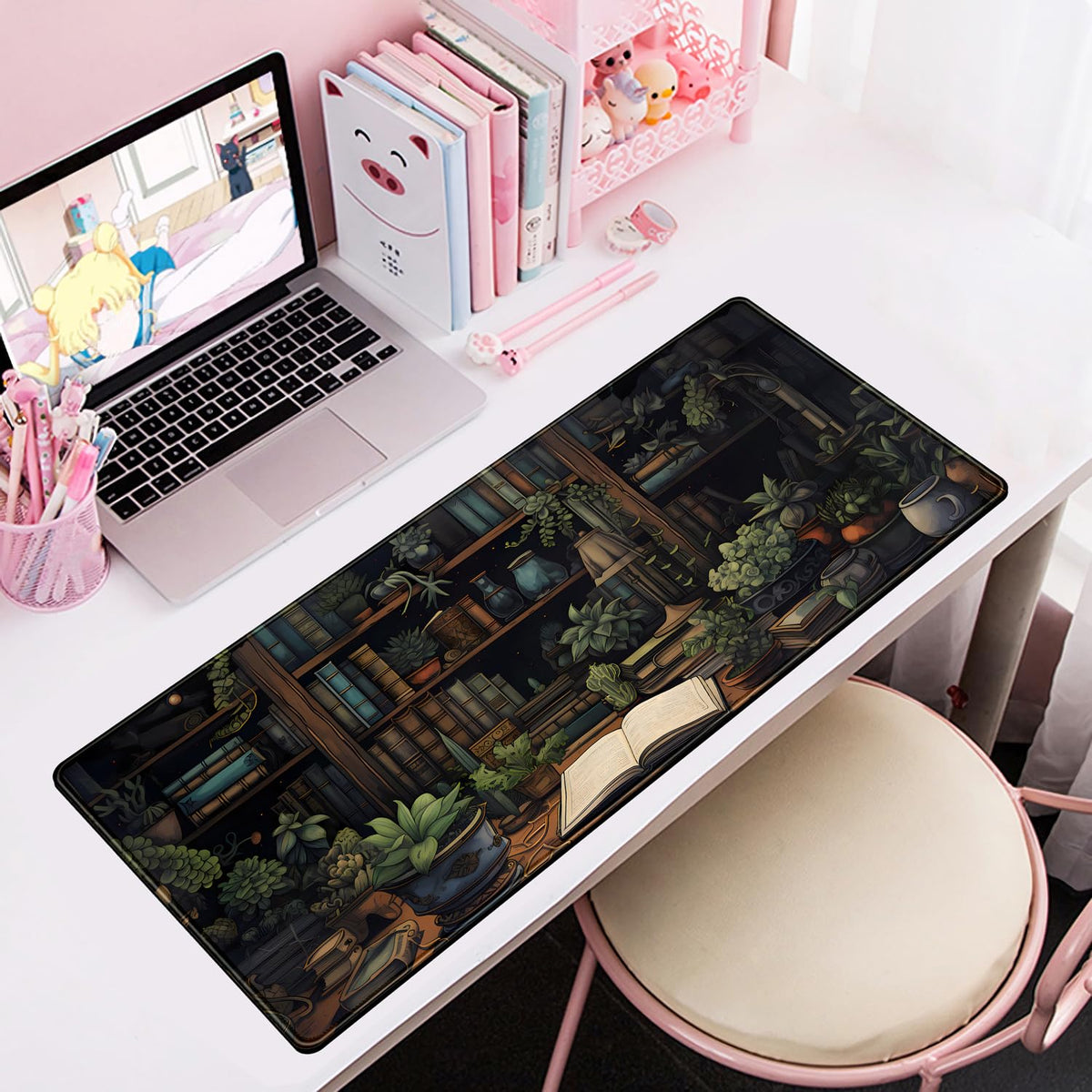 Desk Mat Green Bonsai Library Book Mouse Pad Big Vintage Aesthetic Desk Pad Flower Plant Extended
