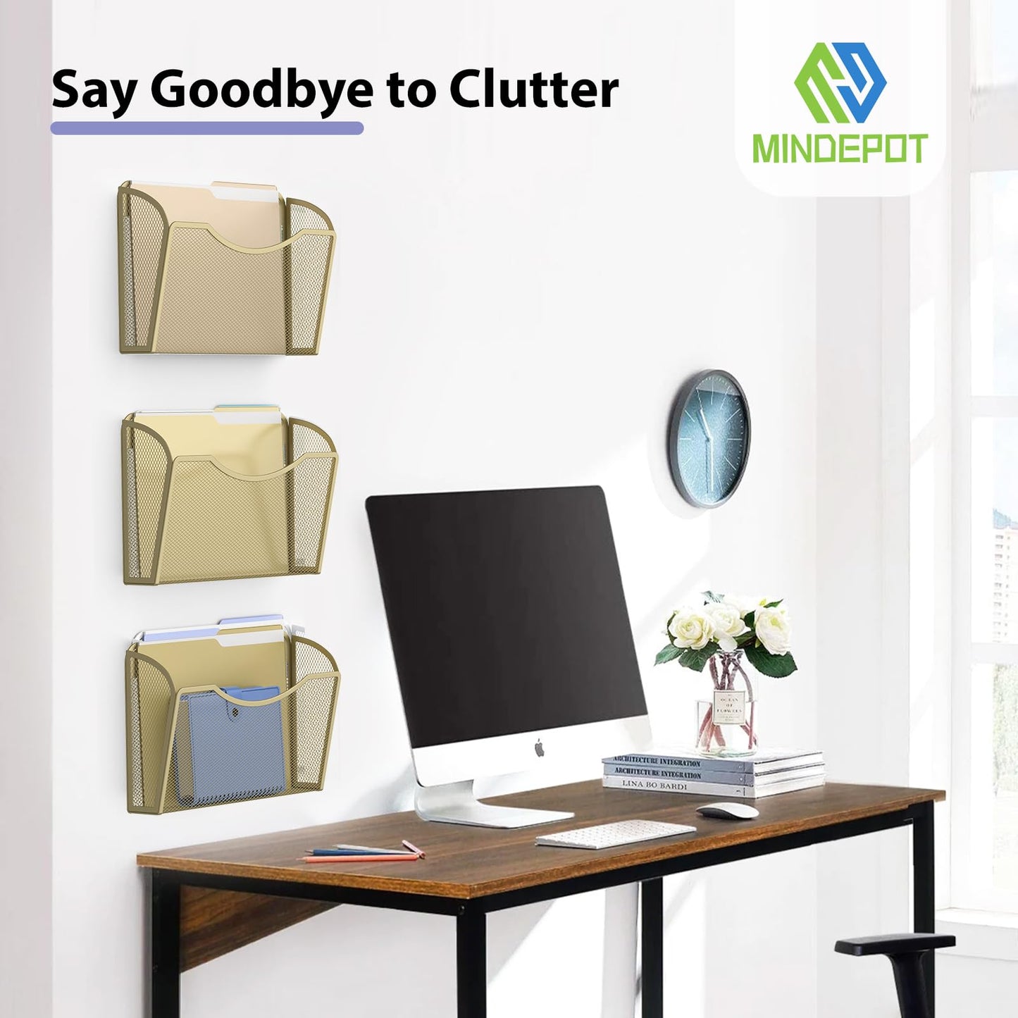 MINDEPOT Wall File Organizer, Hanging Wall File Holder, 3 Pack, Gold