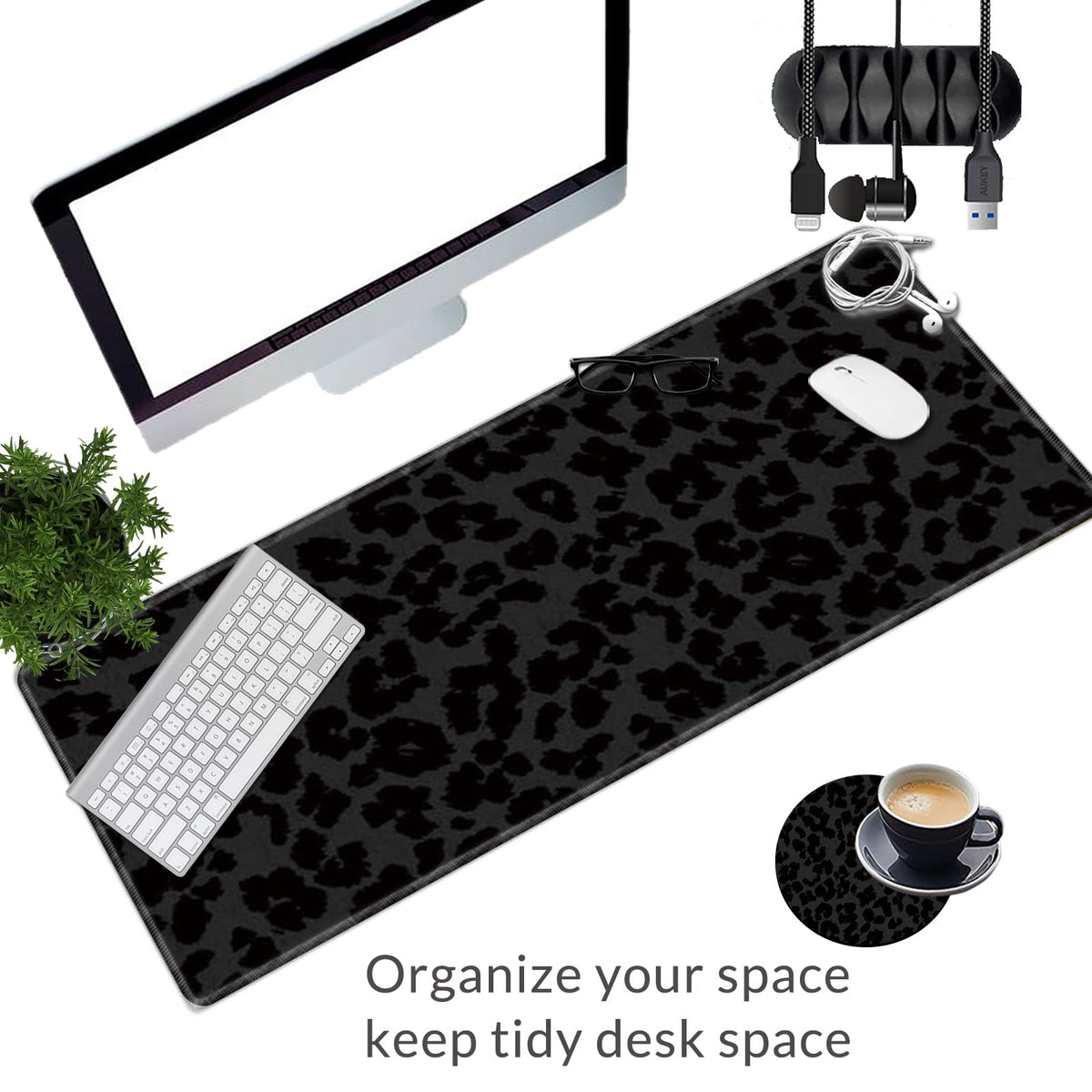 Large Gaming Mouse Pad Plus a Coasters + Cable Clips, Black Leopard Print Extended Mousepad (31.5 x