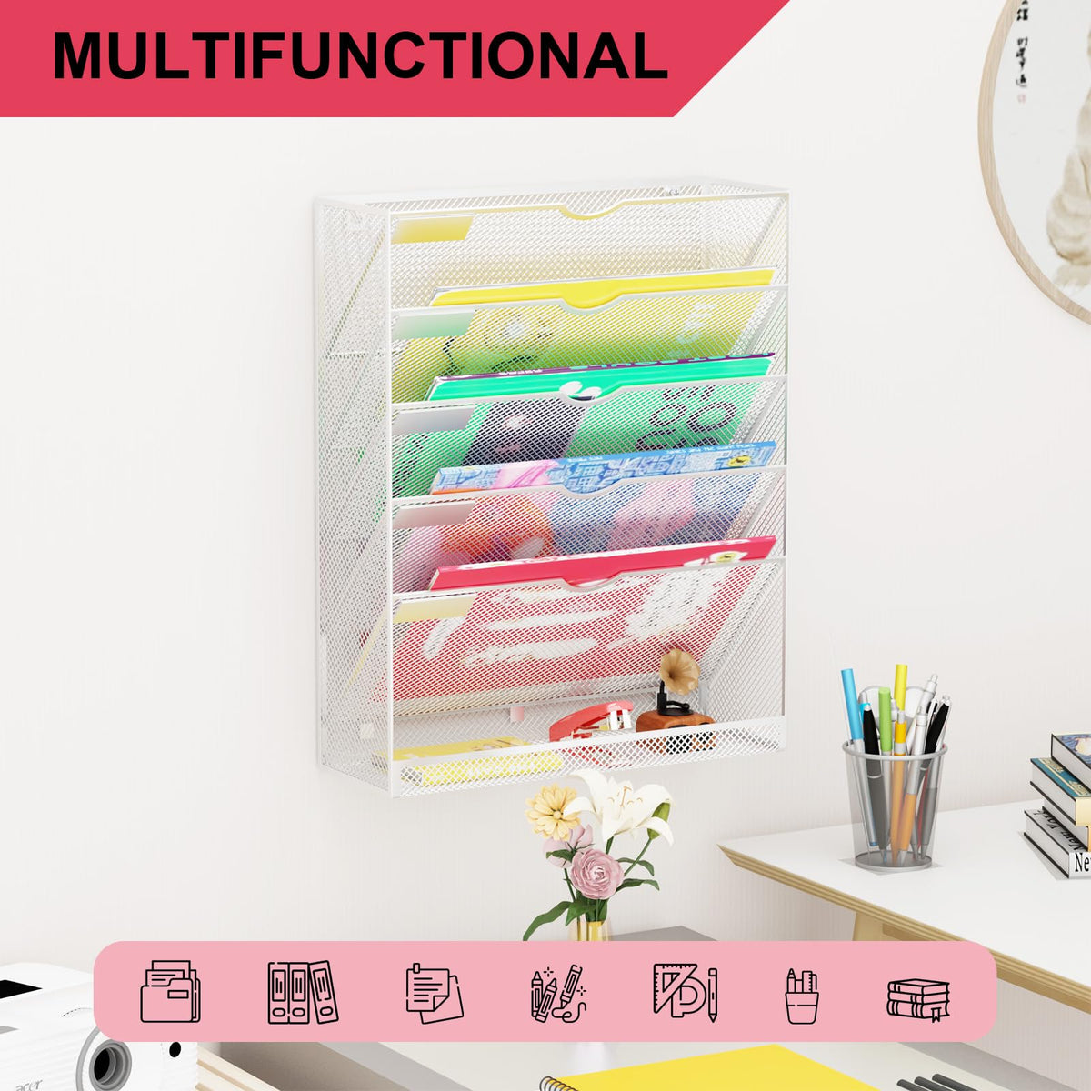 GDINDINFAN Hanging Wall File Organizer 6 Tier Wall Mounted File Holder Document Wall Organizer