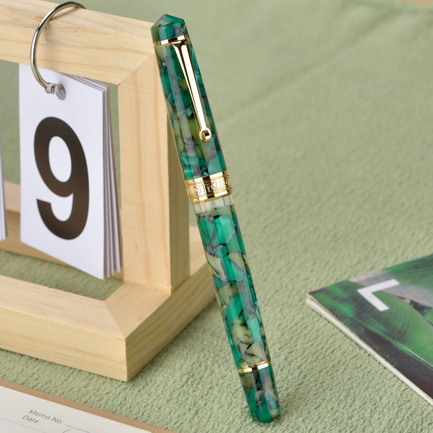 Asvine P20 Piston Fountain Pen Extra Fine Point, Green Marble Acrylic Gold Trim Smooth Writer