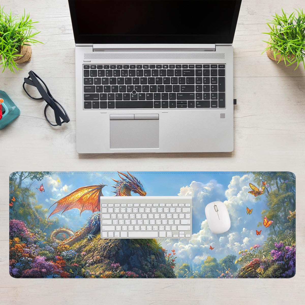 Fantasy Dragon Desk Pad Mouse Pad Forest Colorful Butterfly Flower Mousepad XL Large Gaming Mouse