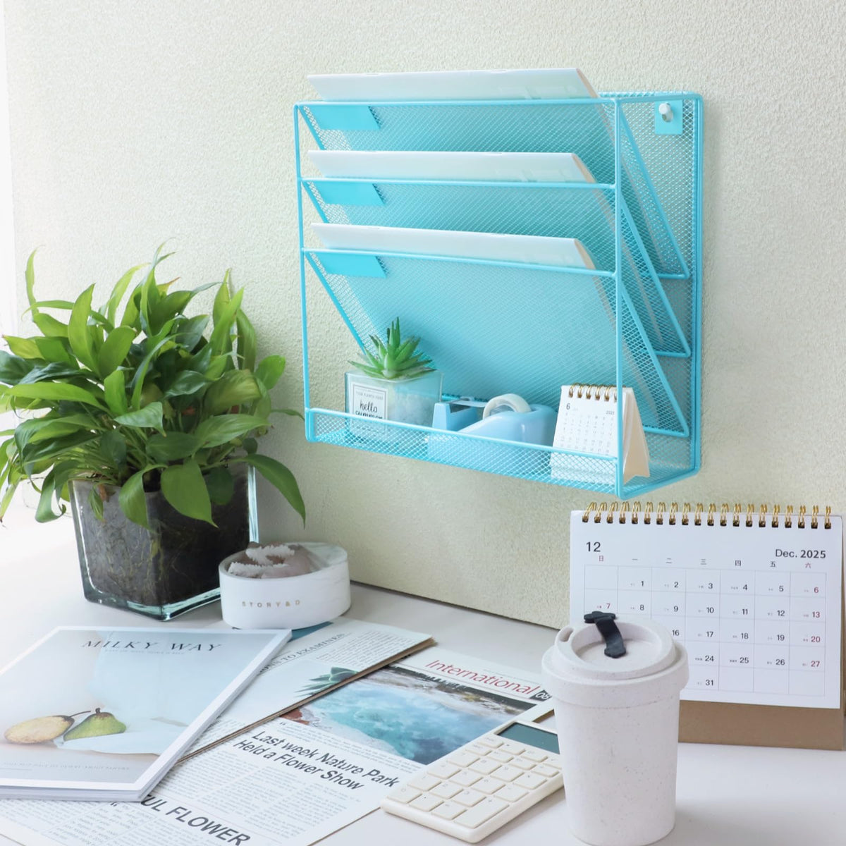 ideallife 3 Pockets Mesh Wall File Holder Organizer with Bottom Flat Tray, Office Hanging File