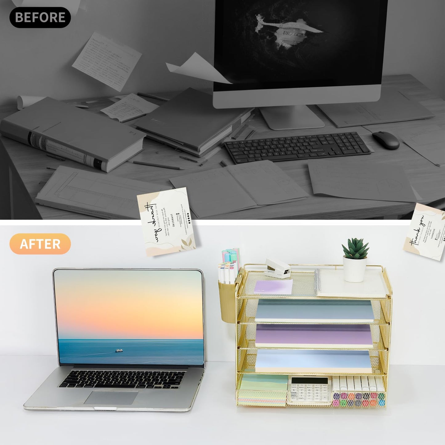 LEKETREE Desk Organizers and Accessories, 5-Tier Paper Letter Tray Organizer with Drawer & 2 Pen