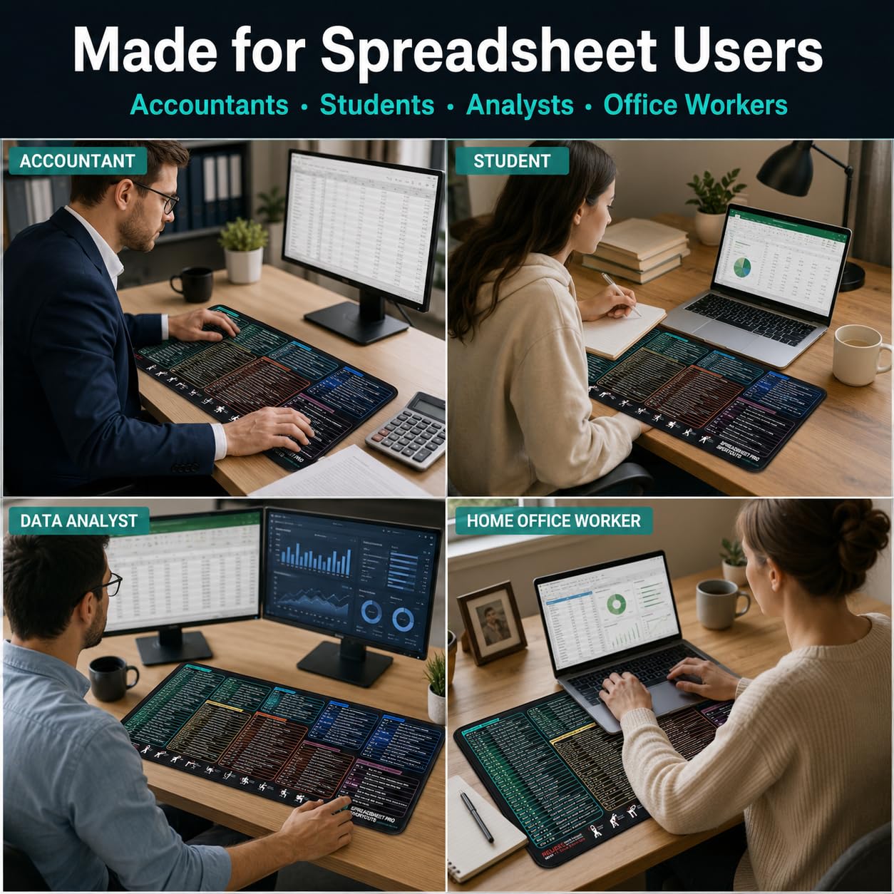 Excel Cheat Sheet Desk Pad, Large Mouse Pad with Shortcuts & Formulas for Windows PC, Non-Slip