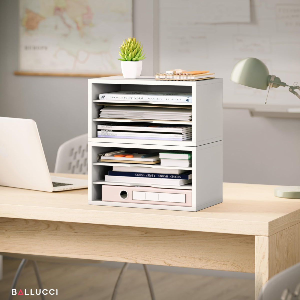 Ballucci File Organizer, 3-Tier Document Paper Sorter, Stackable Wood Desk Organizer, Mail Sorter