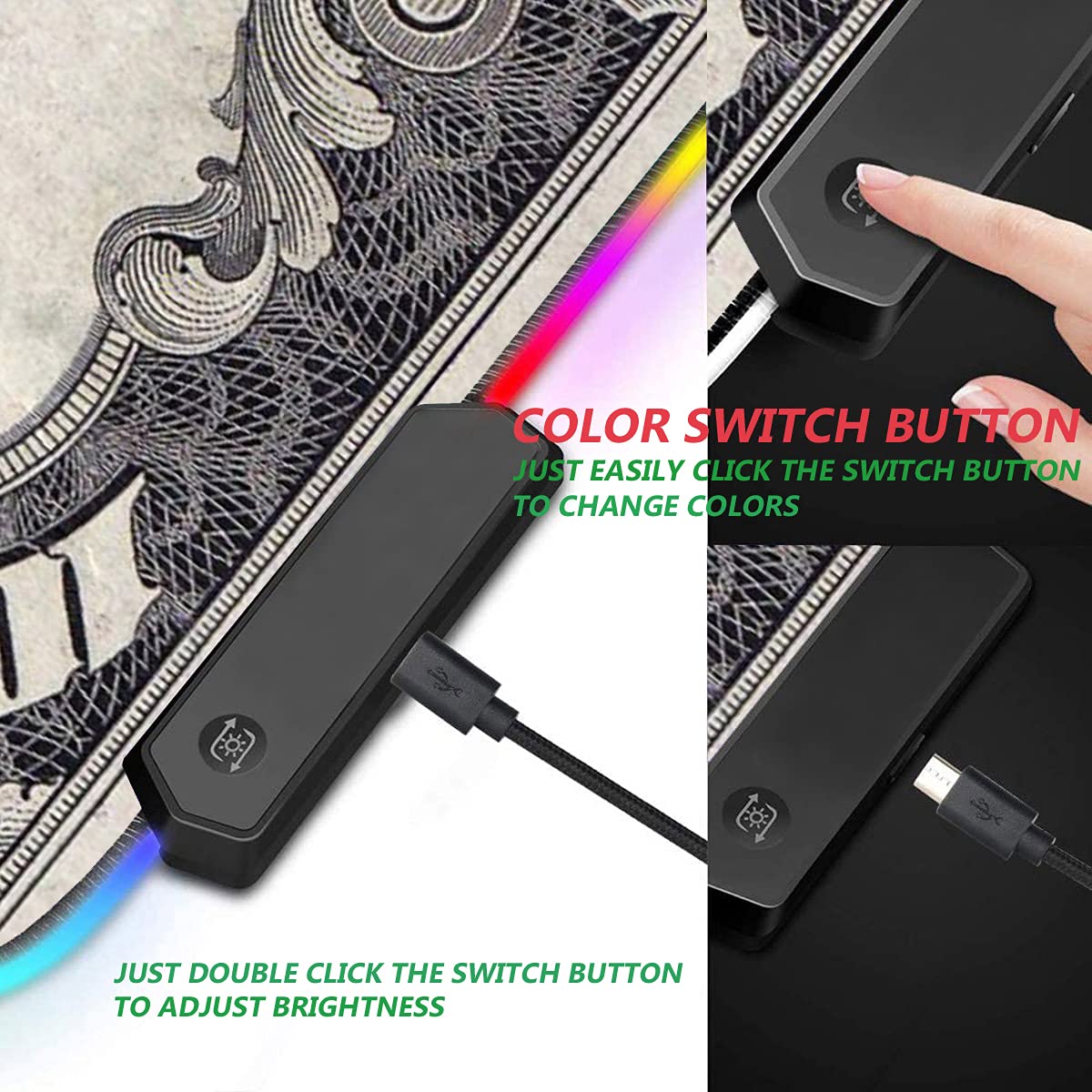 RGB Gaming Mouse Pad with Coffee Coaster, XXL Large Glowing LED Mousepad, Anti-Slip Rubber Base