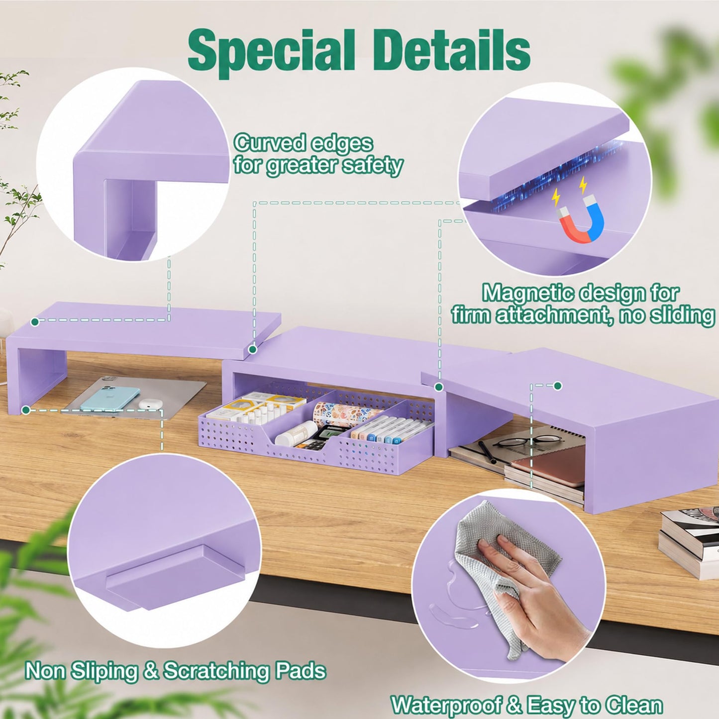 OPNICE Dual Computer Monitor Stand Riser, Desk Organizer with Drawer, Office Desk Accessories &