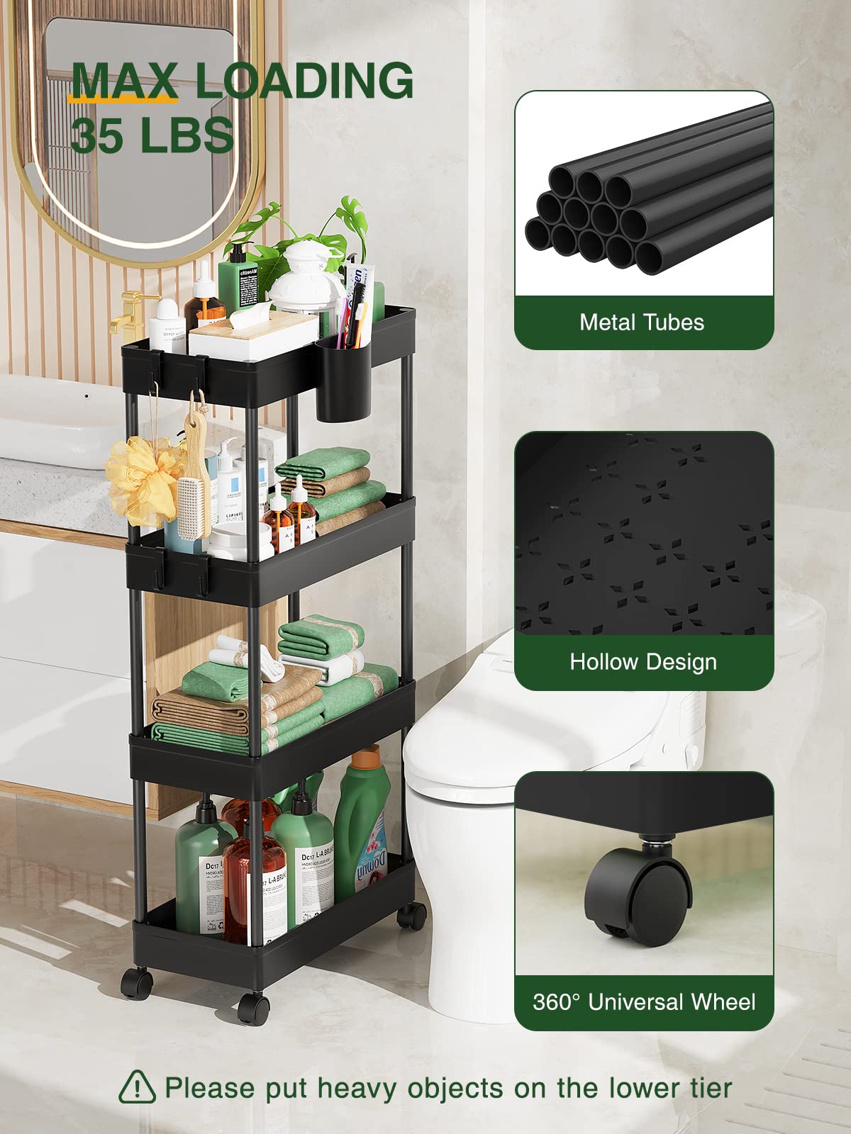 LEHOM Slim Rolling Storage Cart - 4 Tiers Bathroom Organizer Utility Cart