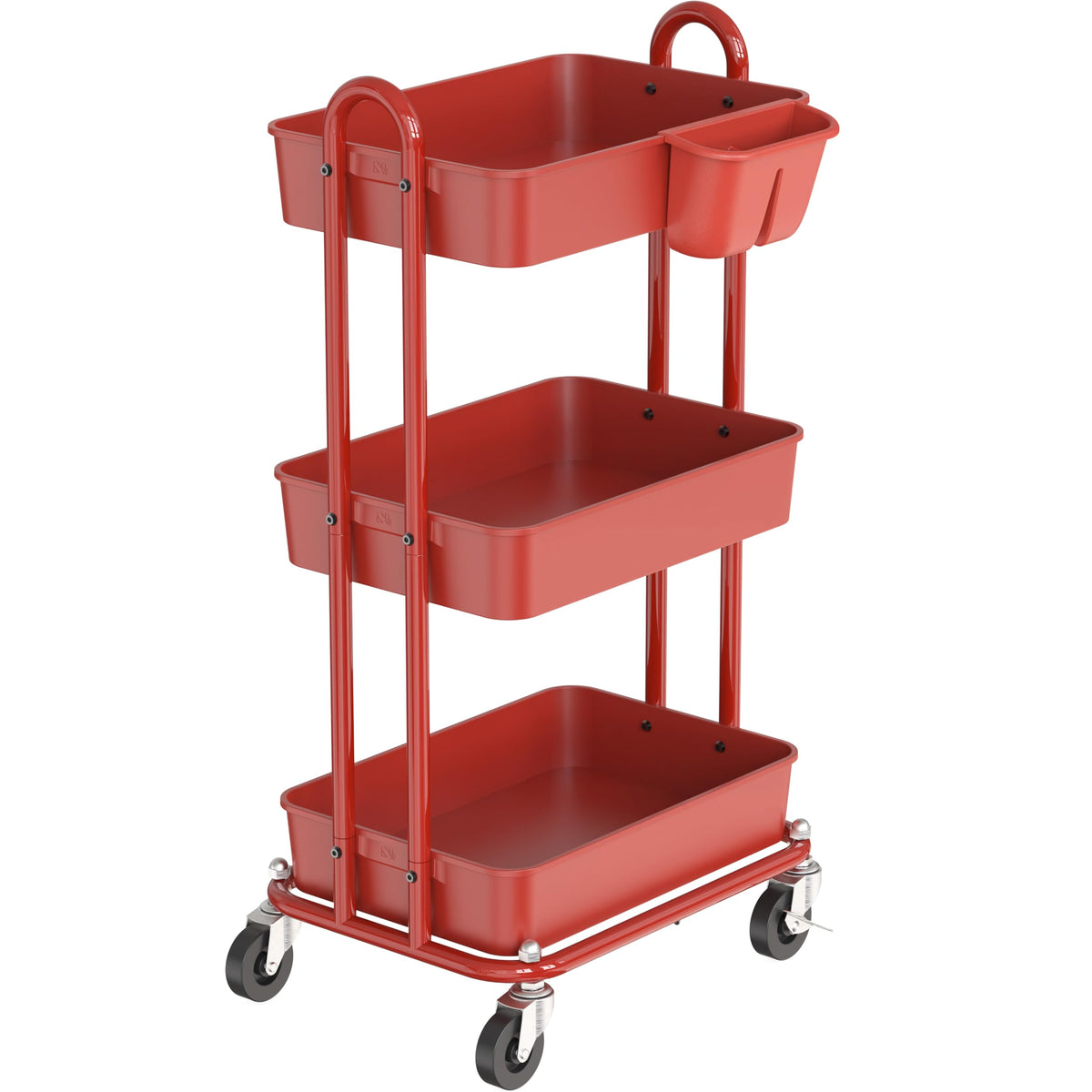 Simple Houseware 3-Tier Rolling Utility Cart with Hanging Bucket, Red