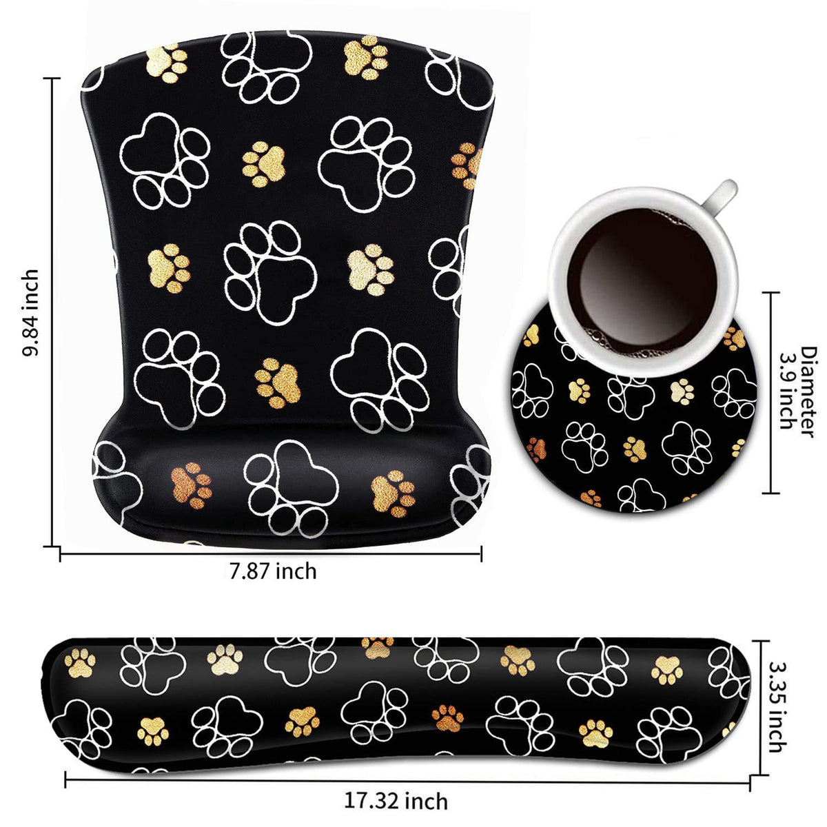 Keyboard Wrist Rest and Mouse Pad Wrist Support Set,Cute Dog Paw Prints Gold White Ergonomic Gel