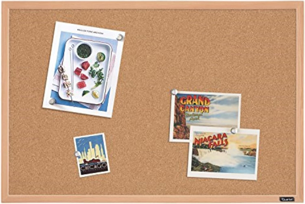 Quartet Cork Board Bulletin Board, 23" x 35" Framed Corkboard, Oak Frame, Decorative Hanging Pin