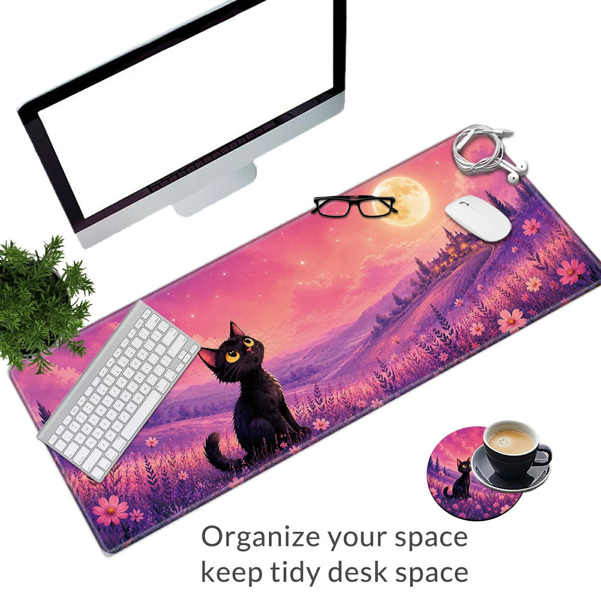 Moonlit Black Cat Large Mouse Pad, 31.5 x 11.8 in Extended Desk Mat