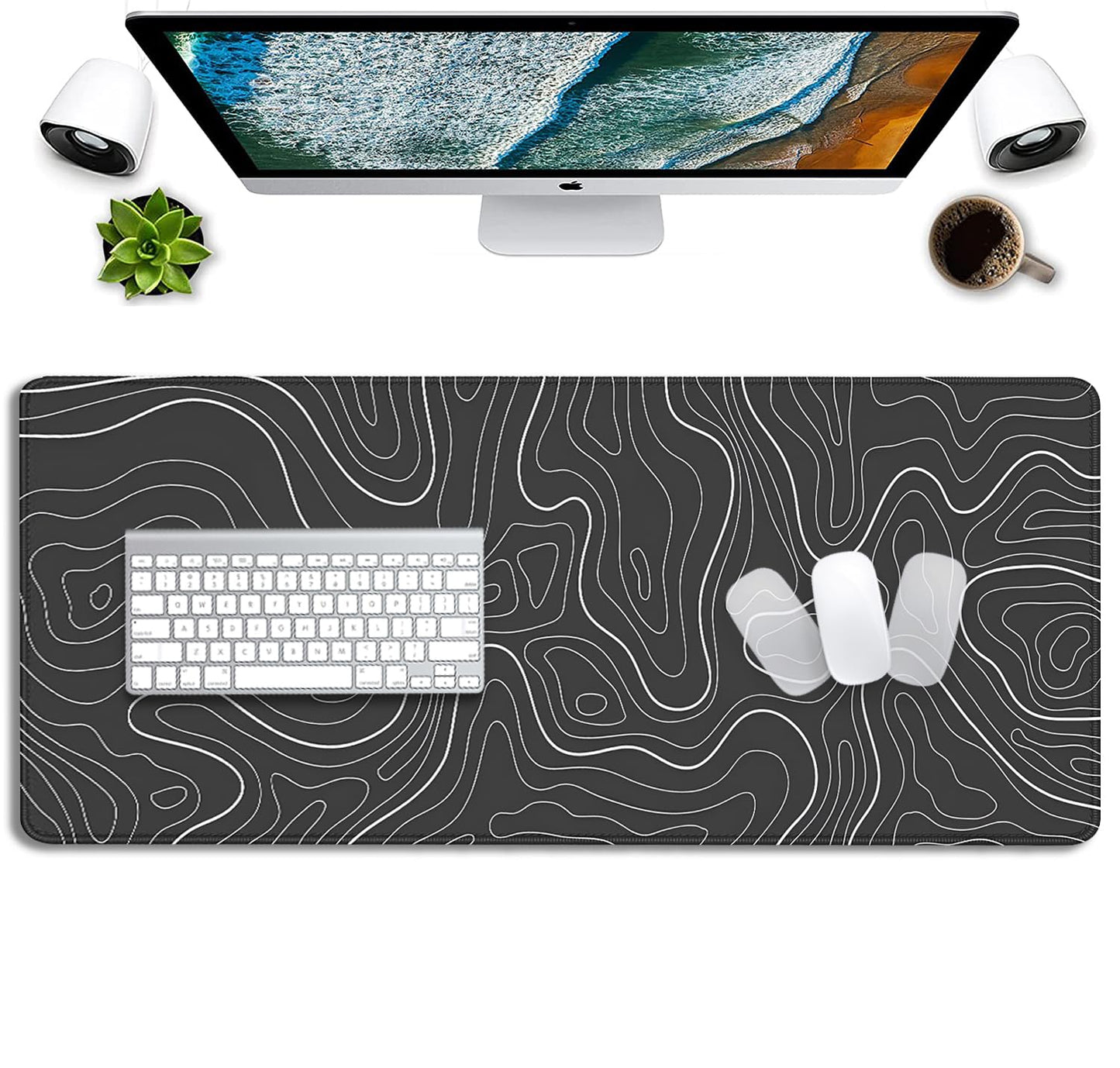 Black Topographic Mouse Pad,Gaming Desk Pad with Stitched Edges Non-Slip Rubber Base Extended XL