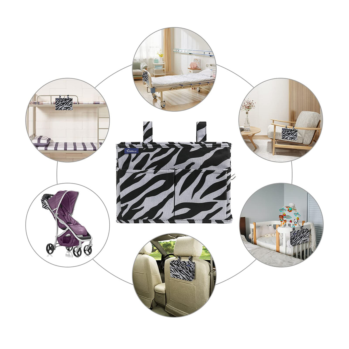 Surblue Caddy Hanging Organizer Bedside Storage Bag for Bunk and Hospital Beds, Zebra, Small