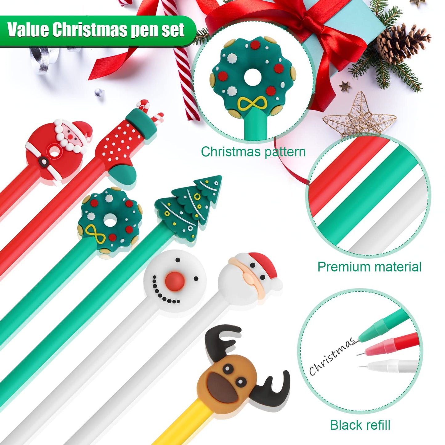Zonon 200 Pieces Christmas Novelty Fun Gel Pen Bulk, 7 Styles, Black Ink