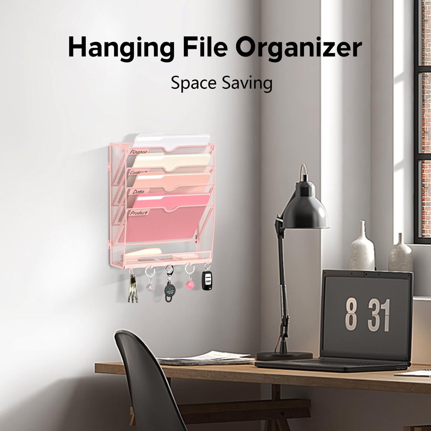 JMHUD 5-Tier Wall File Organizer and Mail Organizer with 5 Hooks, Pink