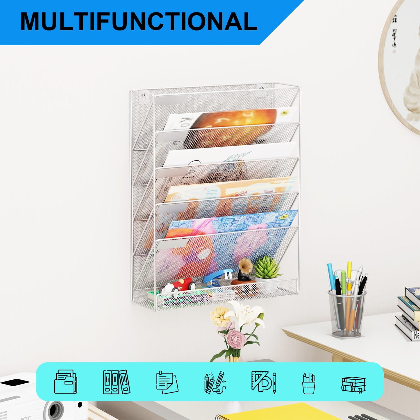 GDINDINFAN Wall File Organizer Holder Mesh Hanging Paper Document Holder, Vertical 6 Pocket Tier