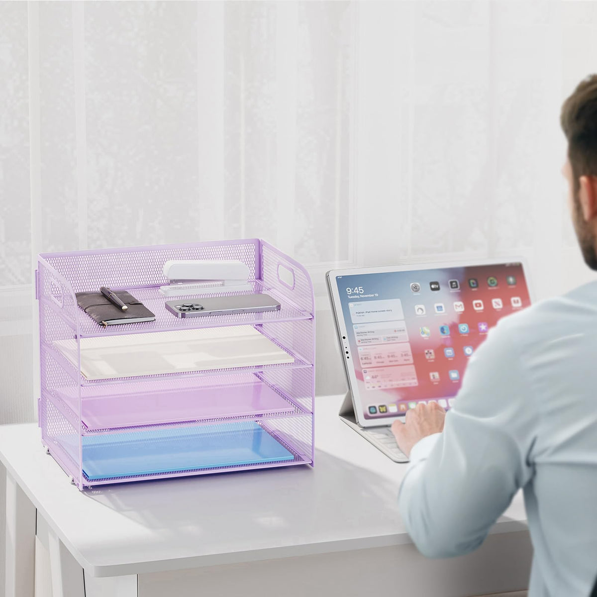 Marbrasse 2 Pack 4 Tier Paper Organizer Letter Tray - Mesh Desk File Organizer with Handle, Paper
