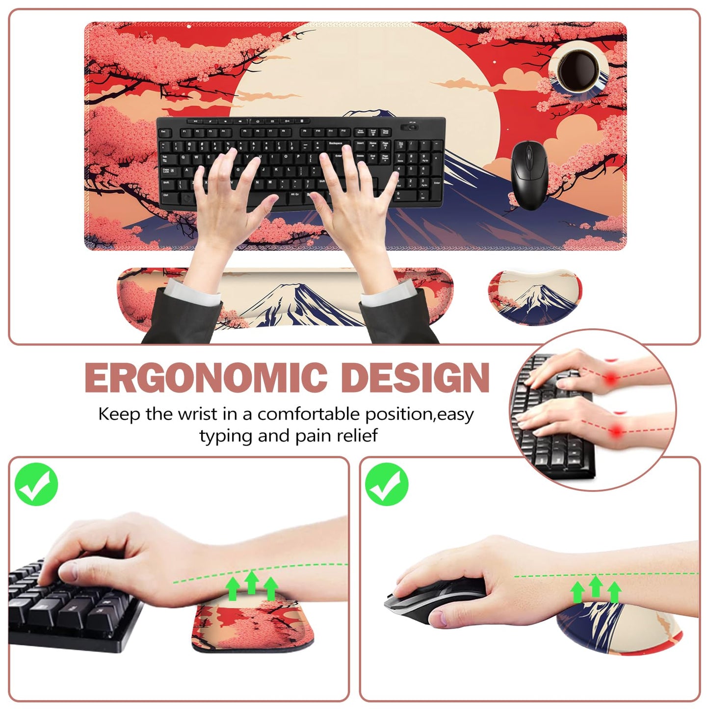 ToLuLu Large Mouse Pad Desk Pad Set, Wrist Rest Support Desk Mat for Keyboard Mouse, 4PCS