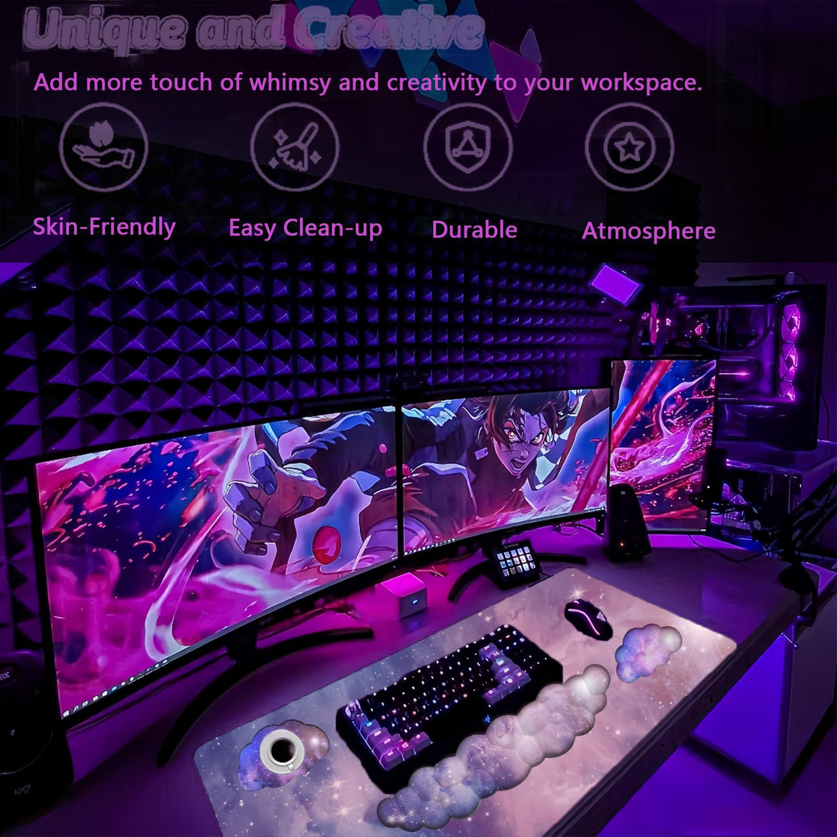 Cloud Wrist Rest Keyboard Purple Cloud Mouse Pad Set 4PCS Galaxy Large Desk Mat Ergonomic Space