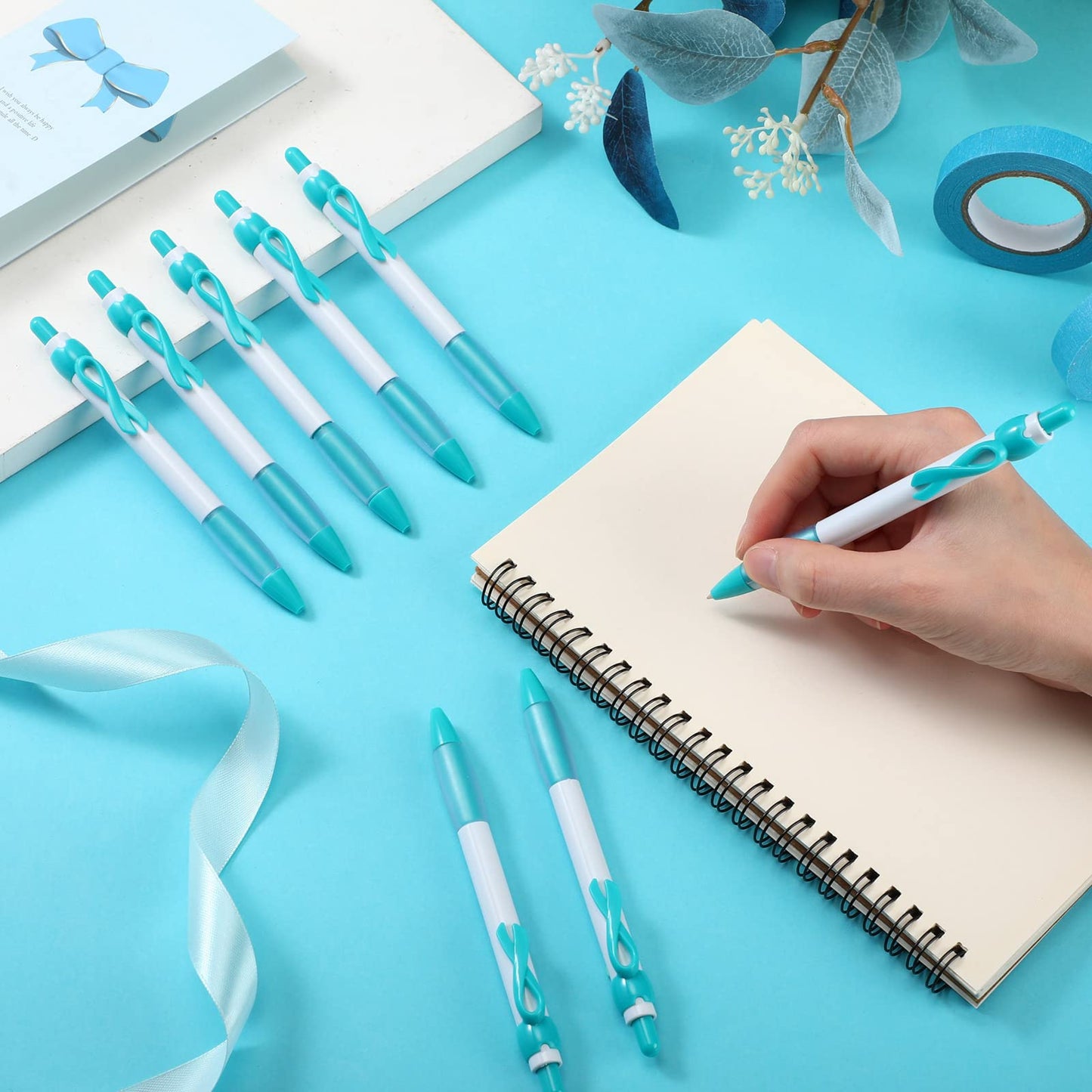 Yexiya 100 Pcs Ovarian Cancer Awareness Pen Teal Ribbon Pen Bulk, Black Ink