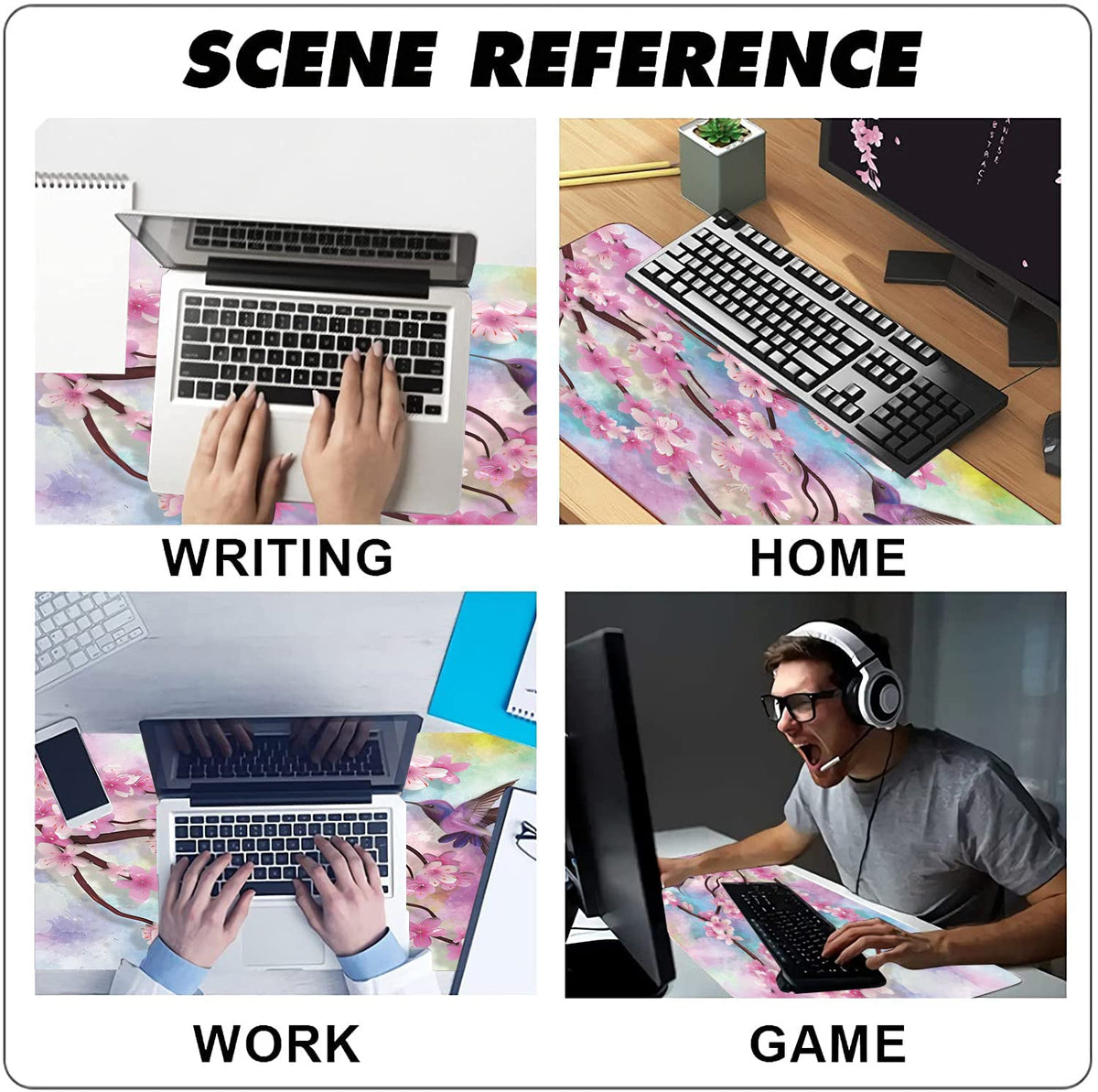 Extended Large Gaming Mouse Pad Spring Peach Blossoms and Hummingbirds XXL Size Keyboard Mouse Mat