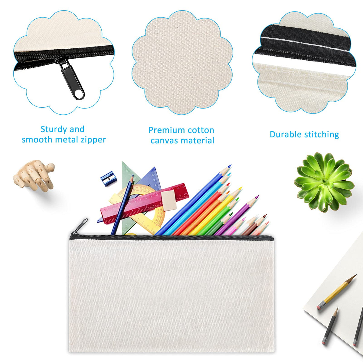 Sinzip 12 Pieces Black Cotton Canvas Makeup Bag, Multipurpose Cosmetic Bag with Zipper Travel