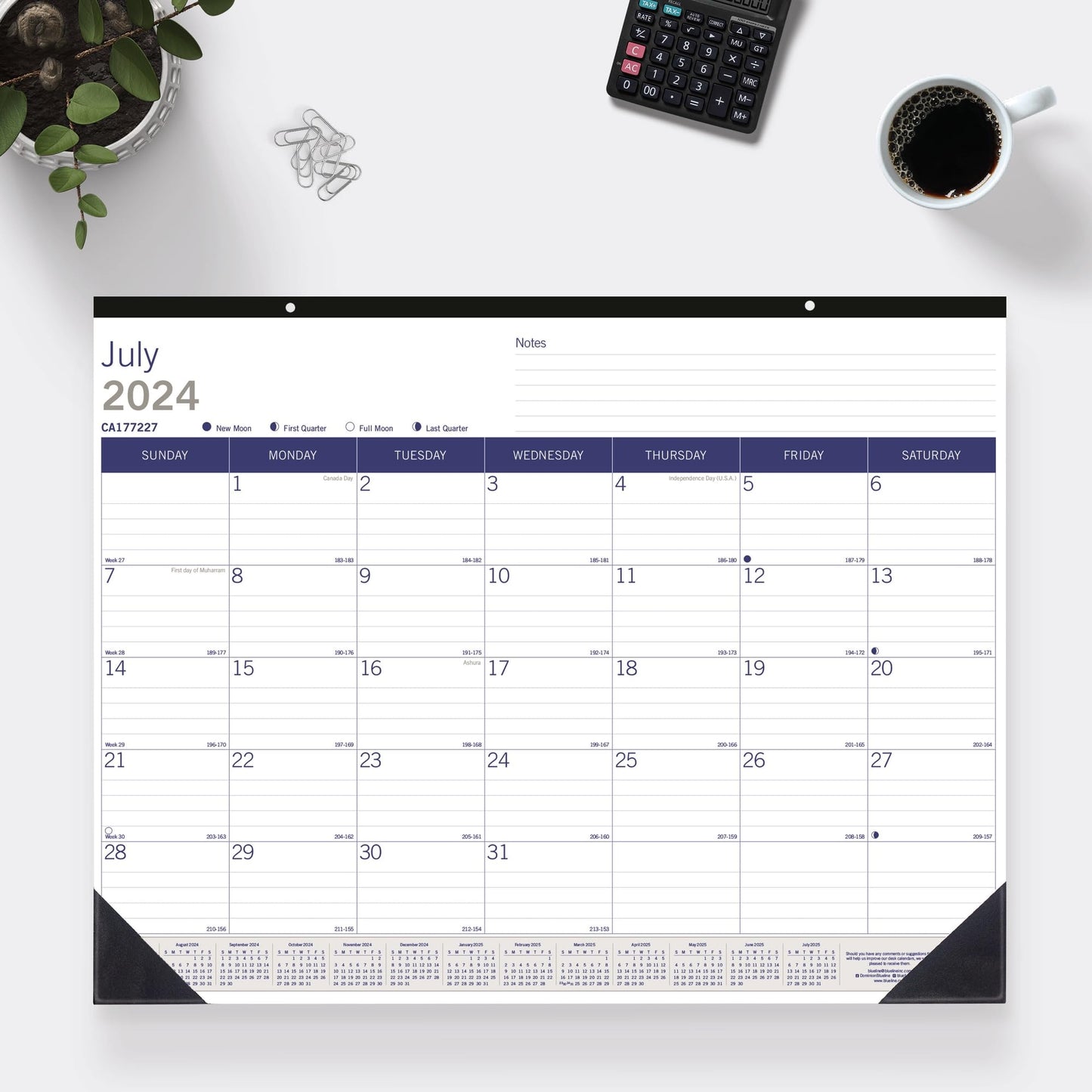 Blueline® DuraGlobe™ Academic Monthly Desk Pad Calendar, 13 Months, July 2024 to July 2025, 22" x