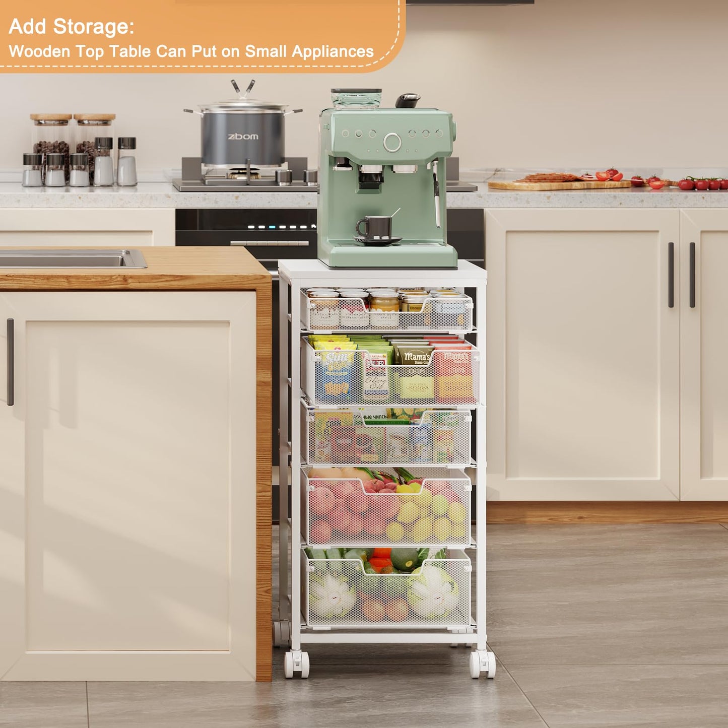 Kitchen Storage Cart with Wheels, 5-Tier Fruit Vegetable Storage Cart, Kitchen Organizer and