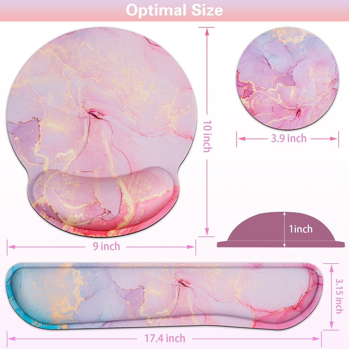 Mouse Pad with Wrist Rest Pink, 3-in-1 Wrist Support Mousepad Set,