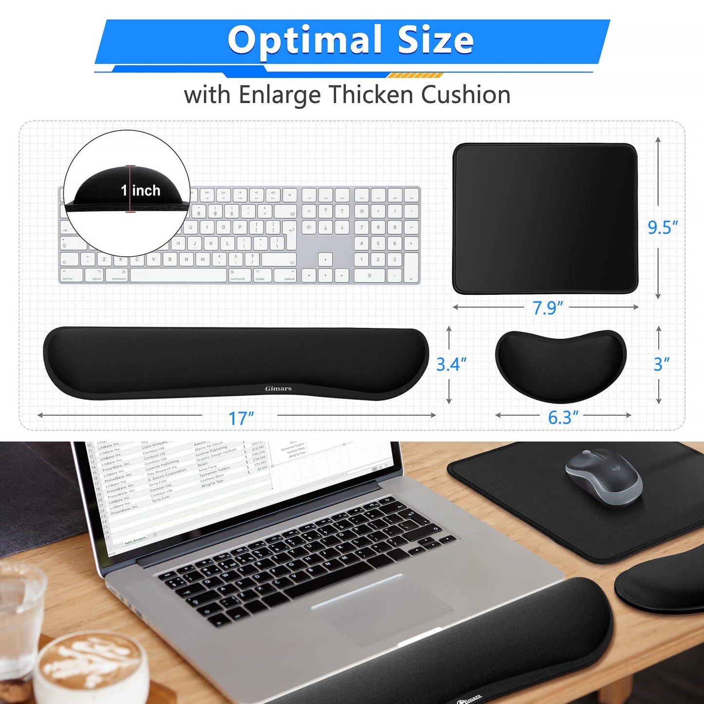 Gimars 3Pcs Memory Foam Keyboard Wrist Rest, Mouse Pad Wrist Support for Easy Typing Pain Relief