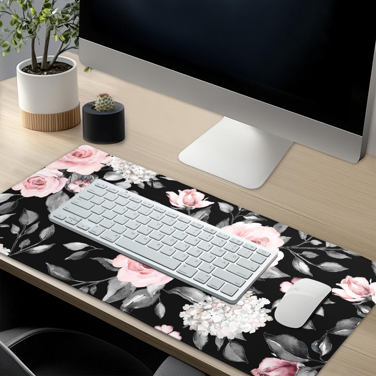 Floral Extended Gaming Mouse Pad Non-Slip Rubber Base Black Large Mousepad 31.5x11.8in with