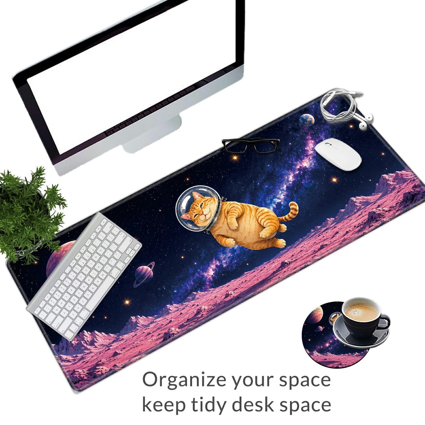 Cosmic Astronaut Cat Large Mouse Pad, 31.5 x 11.8 in Extended Desk Mat