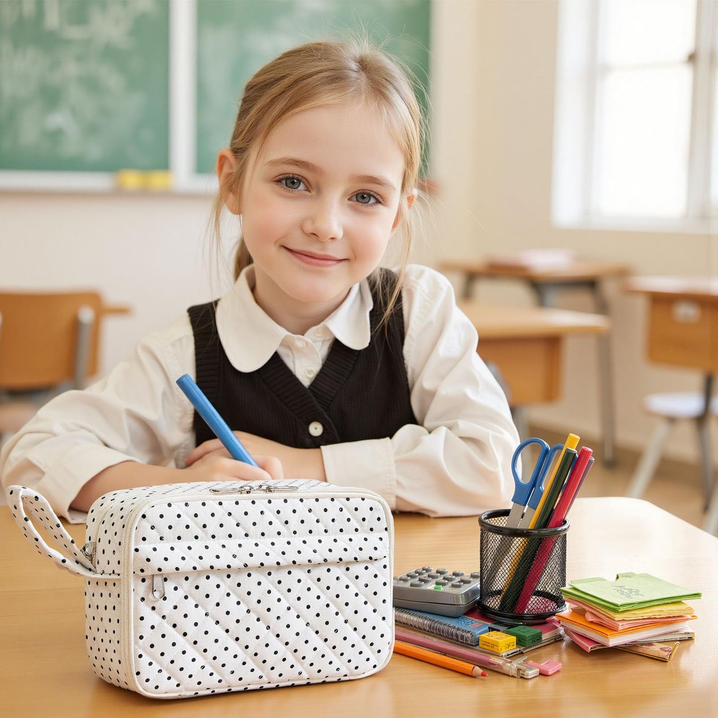 WOBAGMEN Quilted Pencil Pouch for Women, Large Capacity Pencil Case with Compartments, Cute
