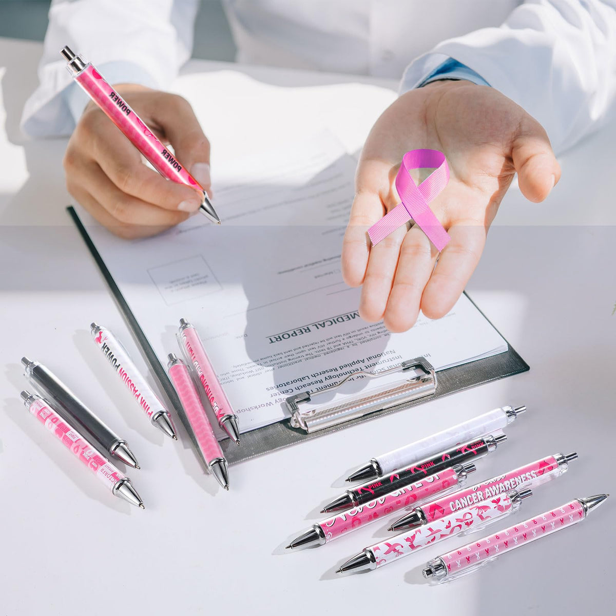Cholemy 48 Pcs Breast Cancer Awareness Pens Bulk Pink Ribbon Ballpoint Pens