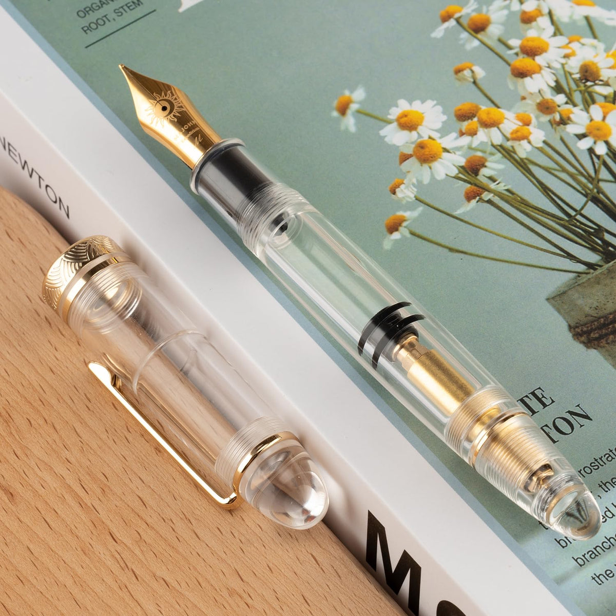 erofa Majohn P140 Piston Fountain Pen NO.8 Fine Nib, Large Capacity Transparent White Acrylic