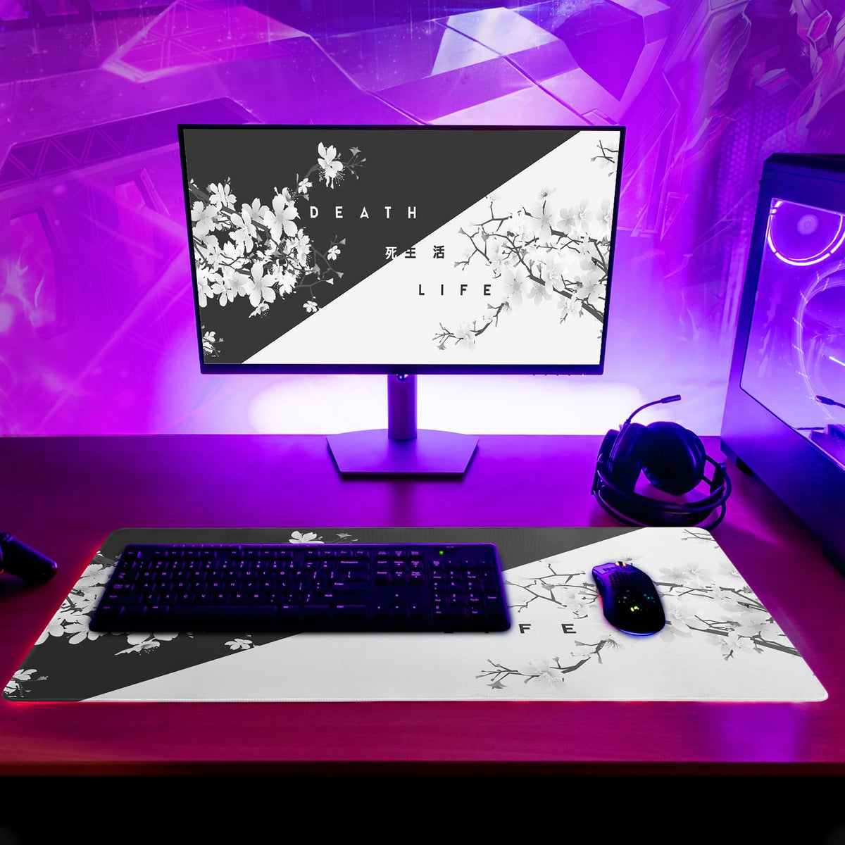 Black and White Mouse Pad 31.5 X 11.8 Inch Japanese Cherry Blossom Extended Large Mouse Mat