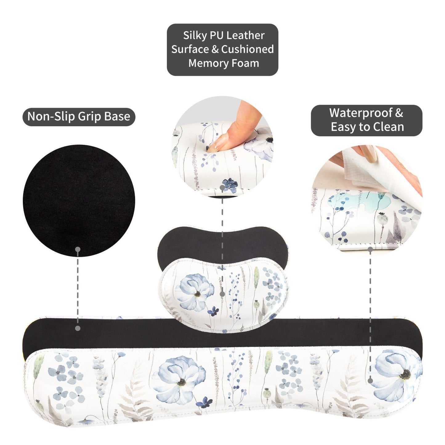 QiyI PU Leather Desk Mat Set, 4-in-1 Ergonomic Wrist Rest, Wildflowers