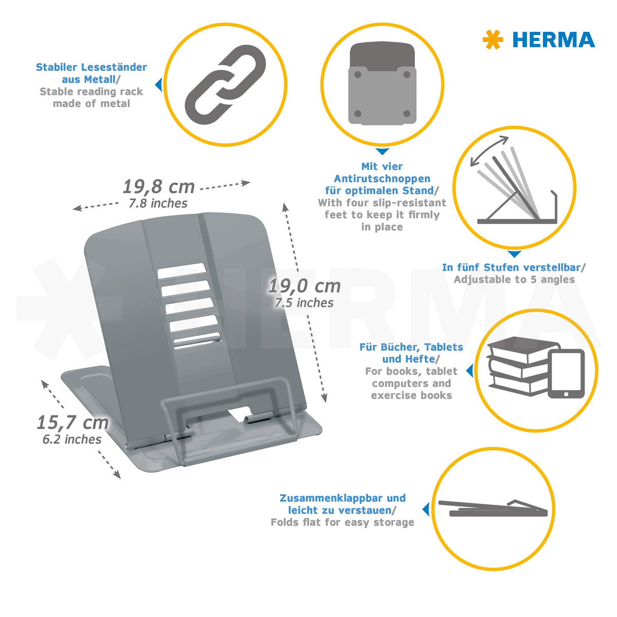 HERMA Metal Book Stand (19.8 x 22.2 x 3.3 cm Folded) Adjustable Anti-Slip Cookbook Holder for