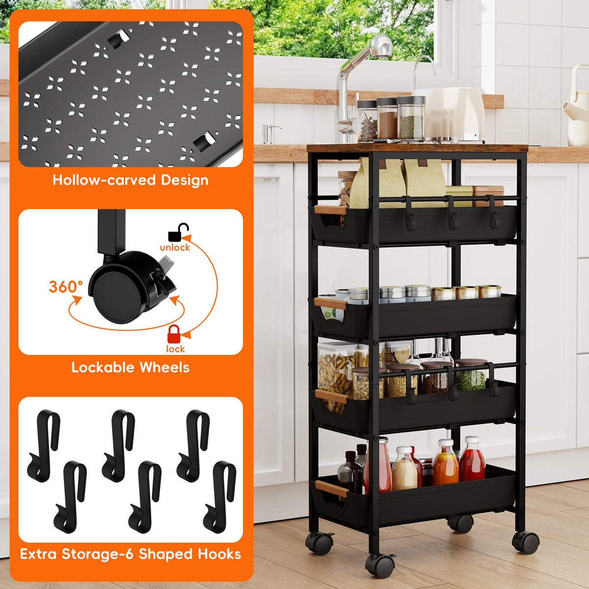 Landmok 5-Tier Slim Storage Cart, Wooden Top Rolling Kitchen Cart with Pull-Out Baskets & Wheels