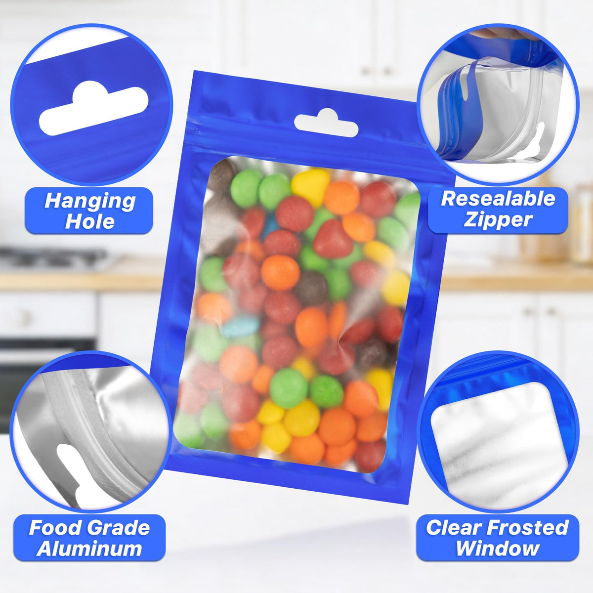ANZNKU 100Pcs Blue Mylar Bags, Resealable Smell Proof Zip Goodie Baggies