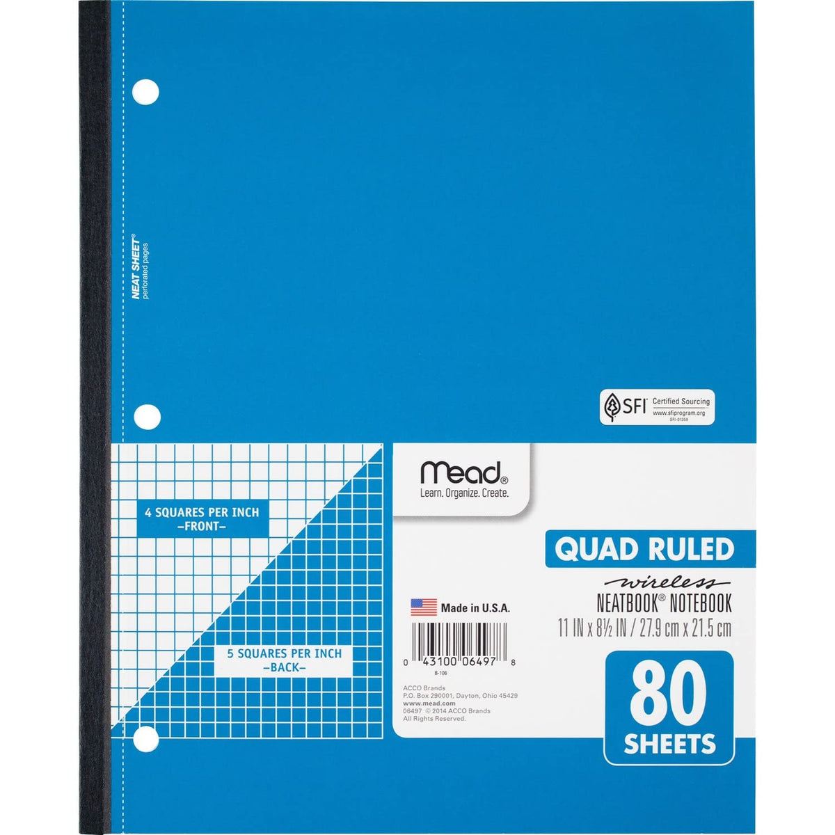 Mead Notebook, Wireless, 1 Subject, Quad Ruled, 8-1/2" x 11", 80 Sheets, Neatbook, Assorted Colors