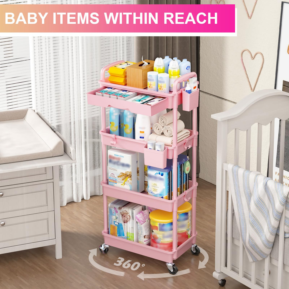 Goovilla 4 Tier Rolling Utility Cart Organizer with Removable Drawer, Pink