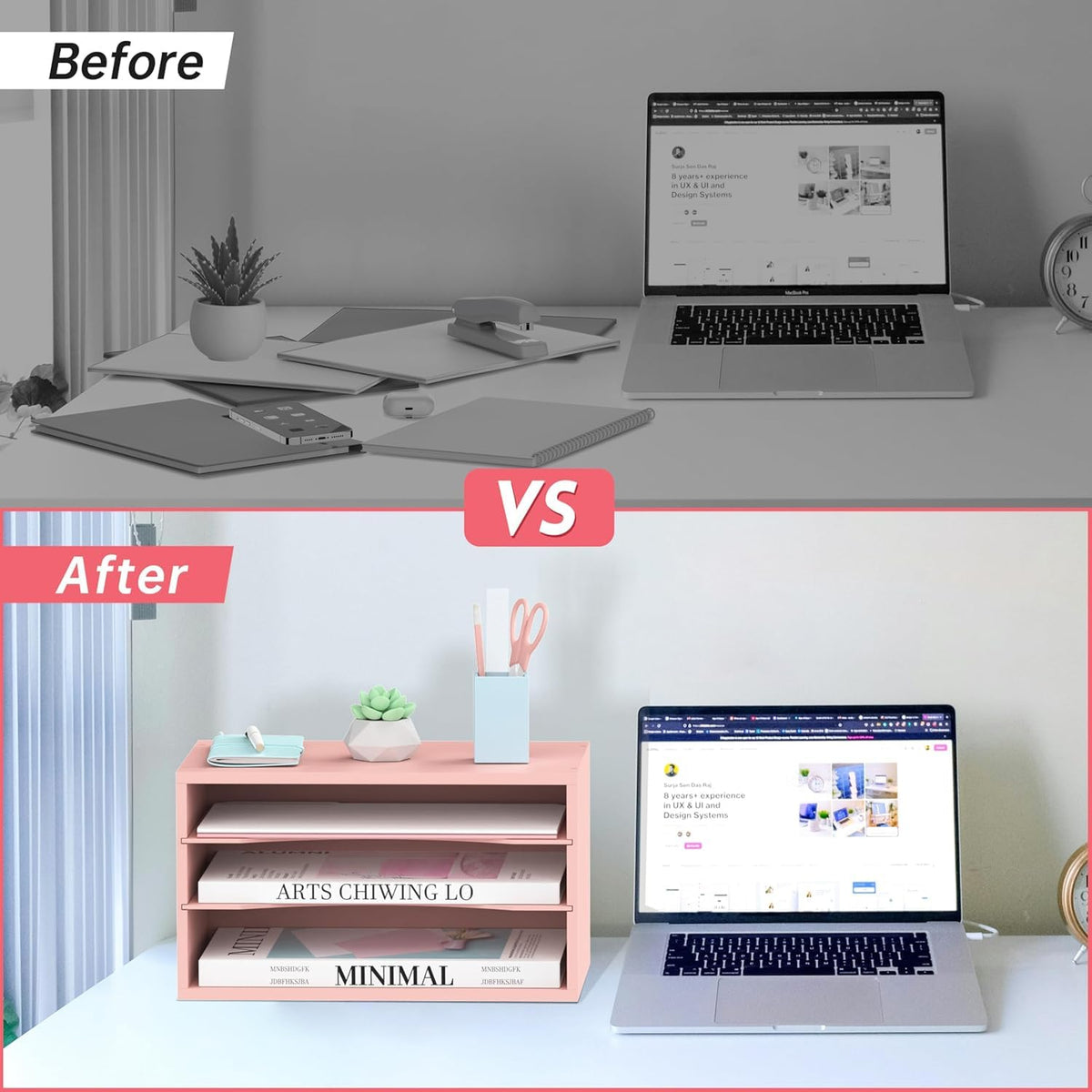 3 Tier Wood Desk Organizer, Mail Sorter and Paper Organizer for Desk, Pink
